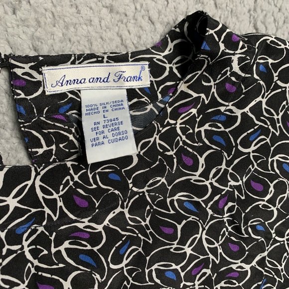 Anna and Frank Silk Blouse L Top Shoulder Pads Black geometric coastal vintage - Picture 2 of 6